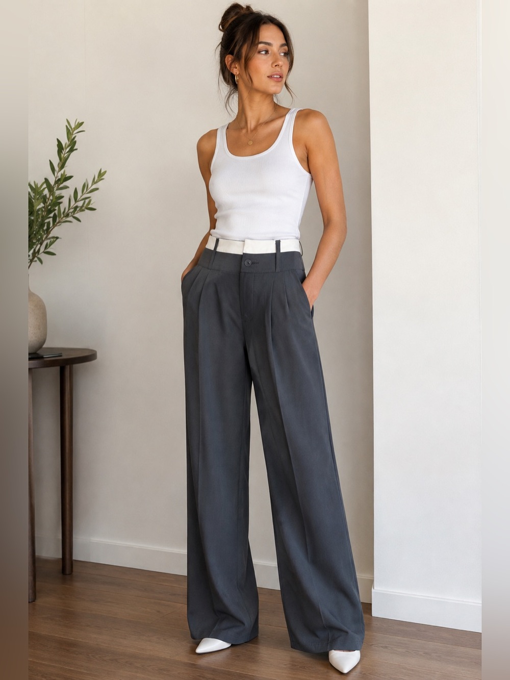 Playboy Gray Pleated Wide Leg Dress Pants Contrast Waistband Size Approx 2